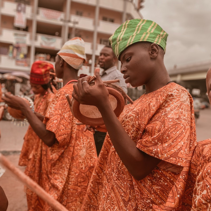 Photo of young male drummers outside Tafawa Balewa Square, Nigeria - by Tope Asokere